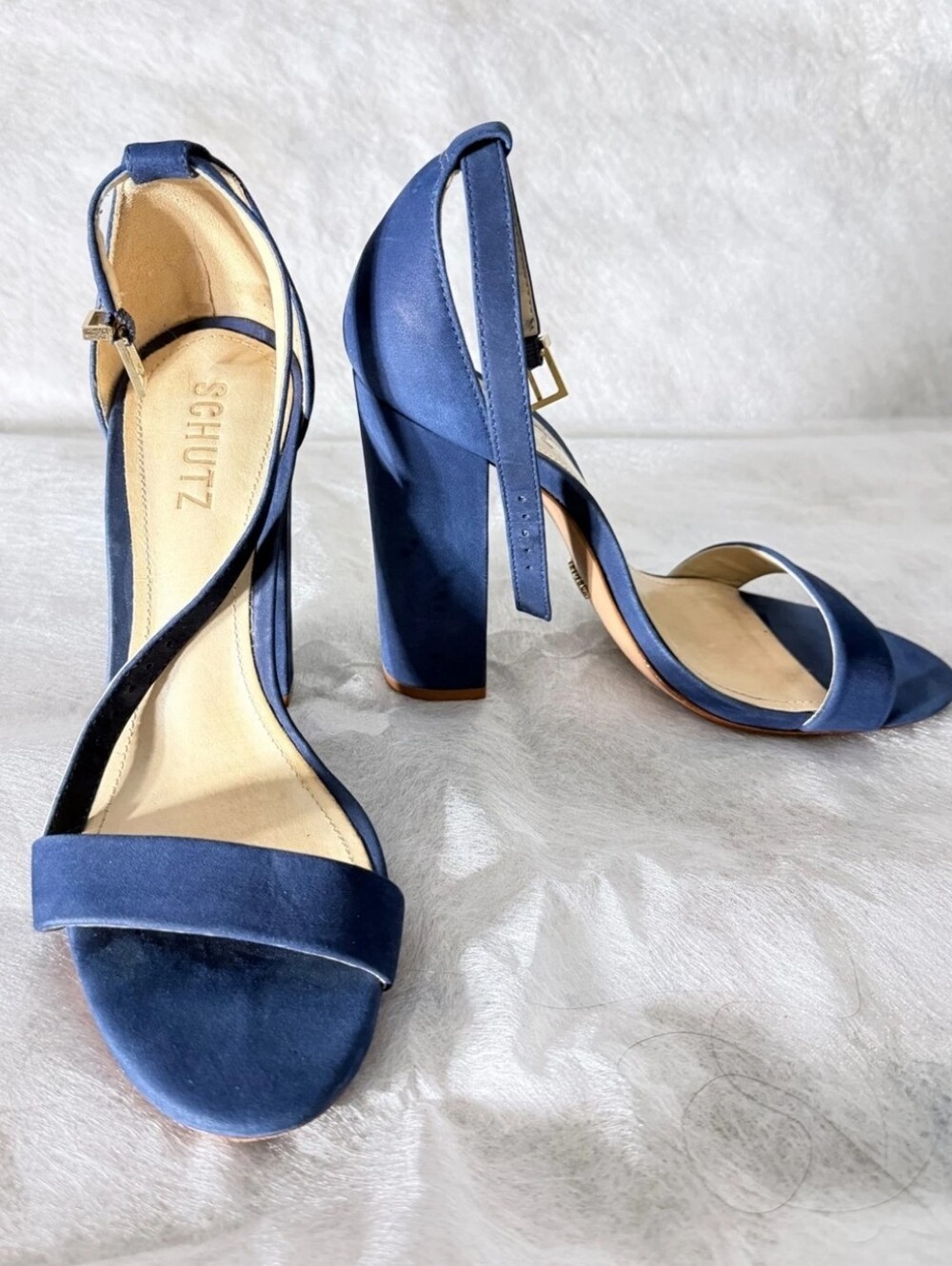 SCHUTZ Navy Blue Suede Block Heel Sandals US 6.5